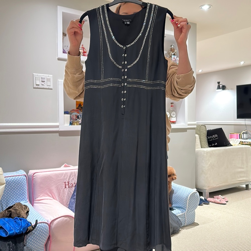 Theory black sleeveless silk dress with beads and crystal.